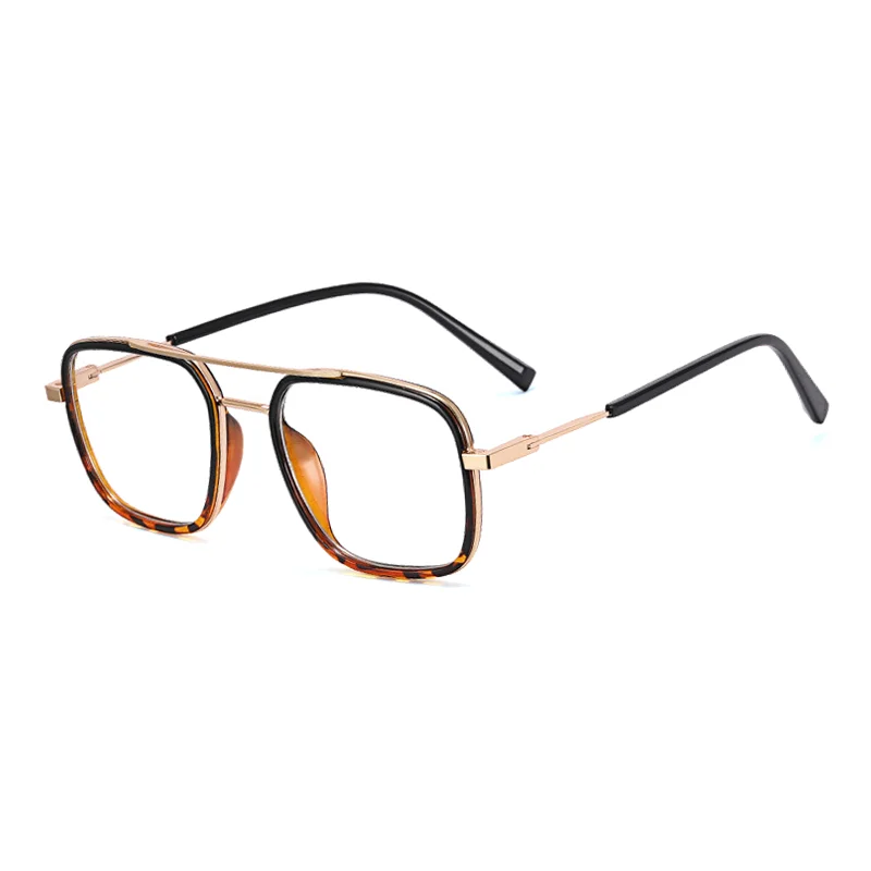 Ralferty Men's Full Rim Square Double Bridge Alloy Acetate Eyeglasses R613 Full Rim Ralferty C8 Black Leopard CN 