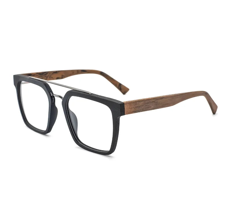 Hdcrafter Men's Full Rim Square Double Bridge Wood Titanium Eyeglasses 7006