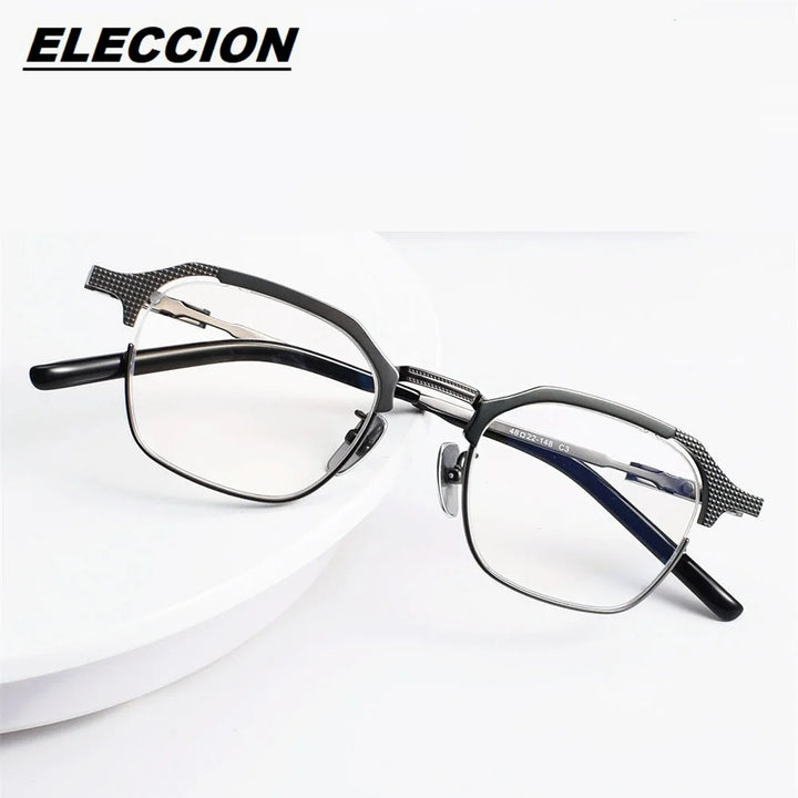 Eleccion Unisex Full Rim Flat Top Polygon Titanium Eyeglasses 41914 Full Rim Eleccion