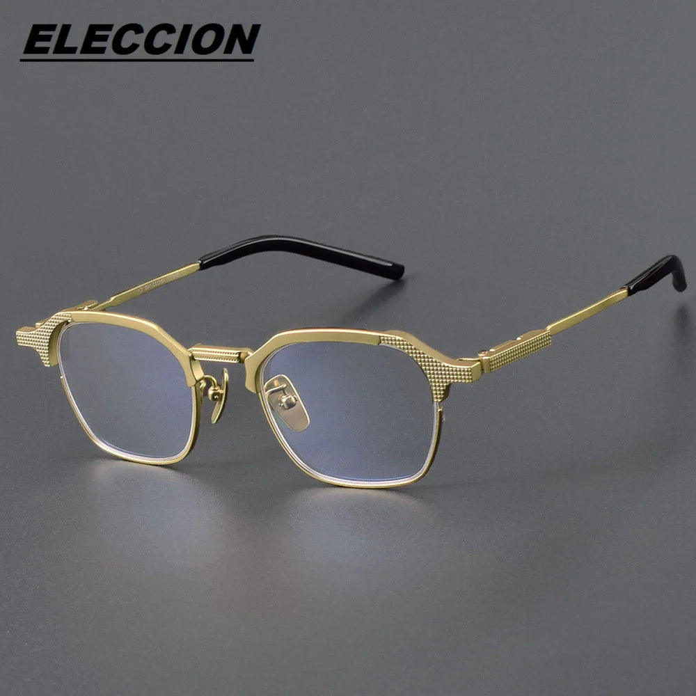 Eleccion Unisex Full Rim Flat Top Polygon Titanium Eyeglasses 41914 Full Rim Eleccion Gold