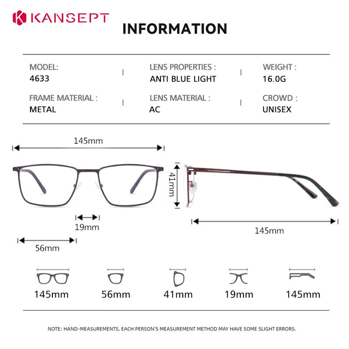 Kansept Unisex Full Rim Square Alloy Tr 90 Reading Glasses 74633