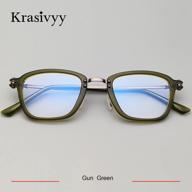 Krasivyy Unisex Full Rim Square Acetate Titanium Eyeglasses 95880 Full Rim Krasivyy Gun Green