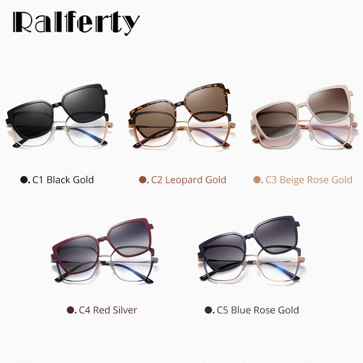 Ralferty Women's Full Rim Square Alloy Eyeglass Clip On Polarized Sunglasses R251 With Clip Ons Ralferty   