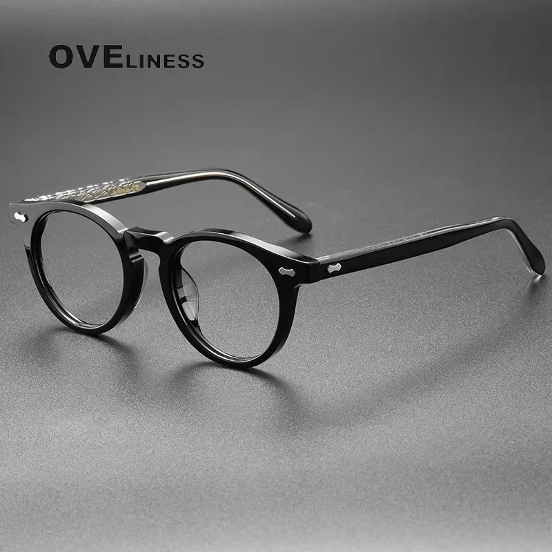 Oveliness Unisex Full Rim Round Acetate Titanium Eyeglasses 44505 Full Rim Oveliness black