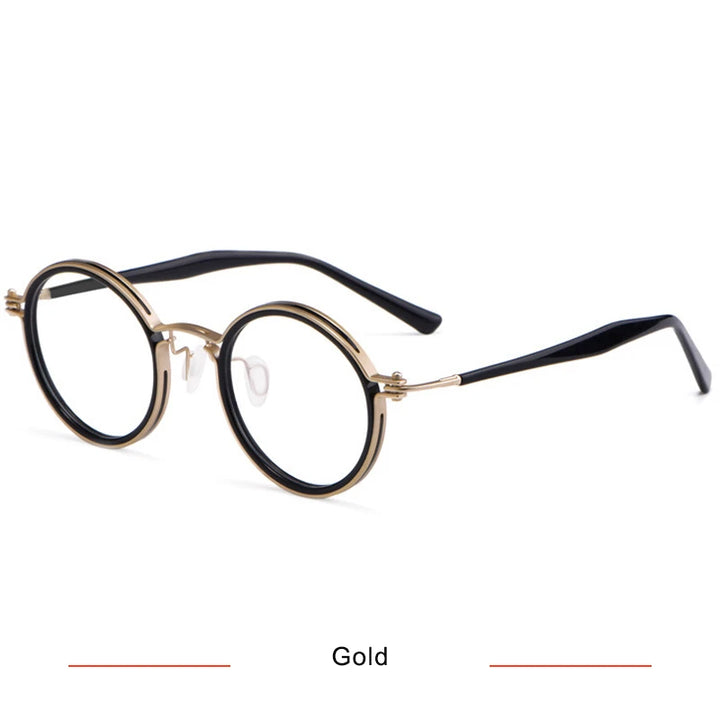 Brightzone Unisex Full Rim Round Acetate Titanium Eyeglasses 75820 Full Rim Brightzone Gold