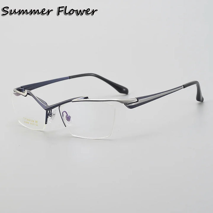 Summer Flower Unisex Semi Rim Square Brow Line Titanium Eyeglasses 86158 Semi Rim Summer Flower Blue Silver