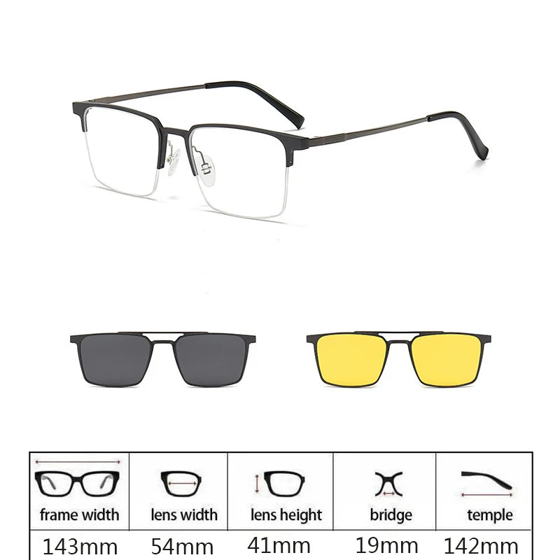 Hdcrafter Men's Full Rim Square Double Bridge Titanium Eyeglasses Clip On Sunglasses 275009