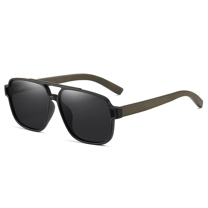 Hdcrafter Men's Full Rim Square Double Bridge Tac Bamboo Wood Polarized Sunglasses 61624 Sunglasses HdCrafter Sunglasses Black-Grey Other 