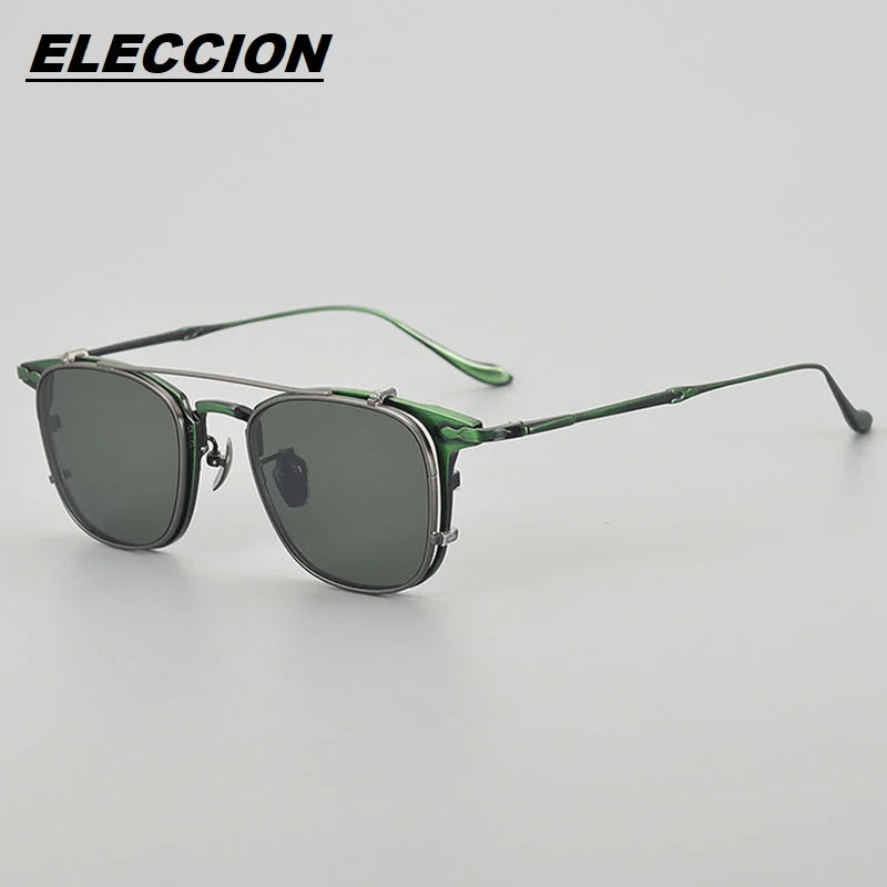 Eleccion Men's Full Rim Big Square Titanium Eyeglasses Clip On Sunglasses 93111