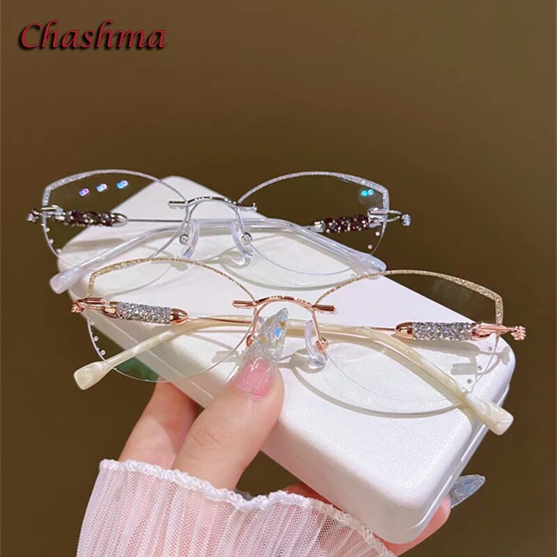 Chashma Ochki Women's Rimless Cat Eye Titanium Glitter Edge Eyeglasses H1 Rimless Chashma Ochki   