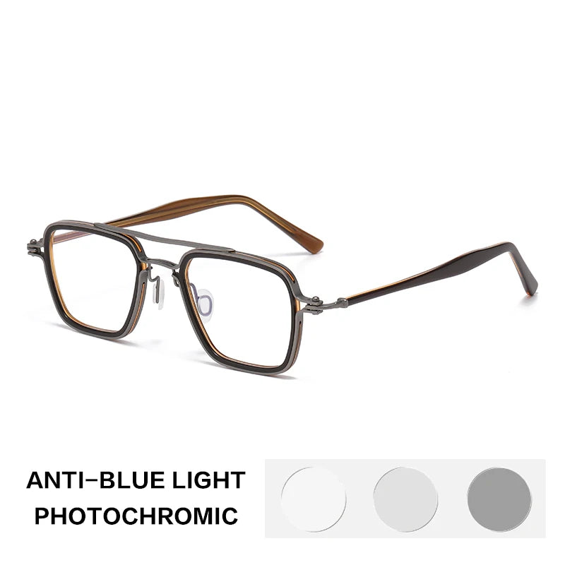 Gatenac Unisex Full Rim Big Square Double Bridge Titanium Acetate Photochromic Reading Glasses 75875