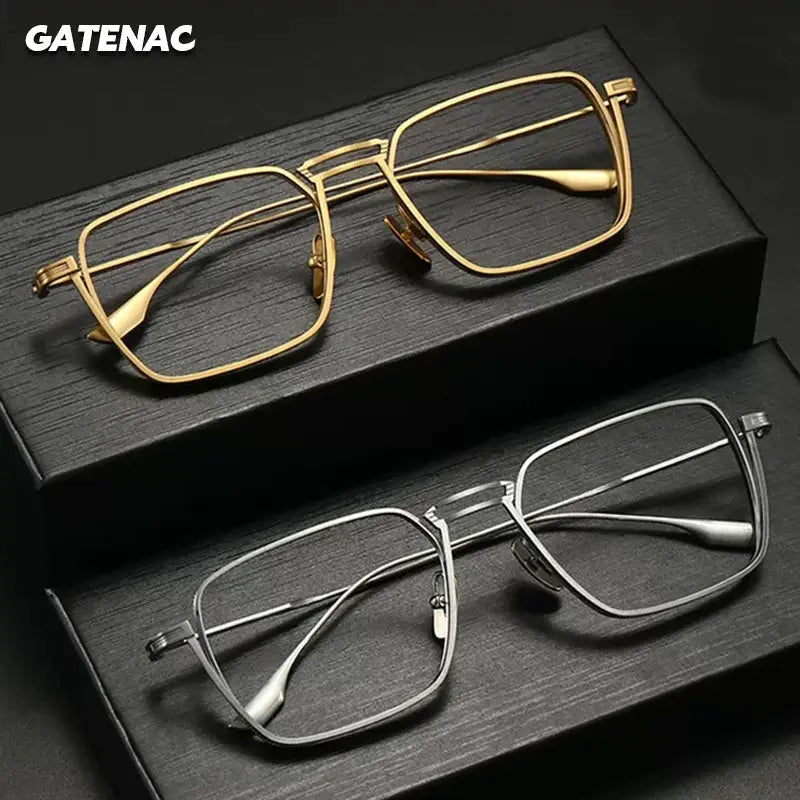 Gatenac Men's Full Rim Square Double Bridge Titanium Eyeglasses 276125 FuzWeb