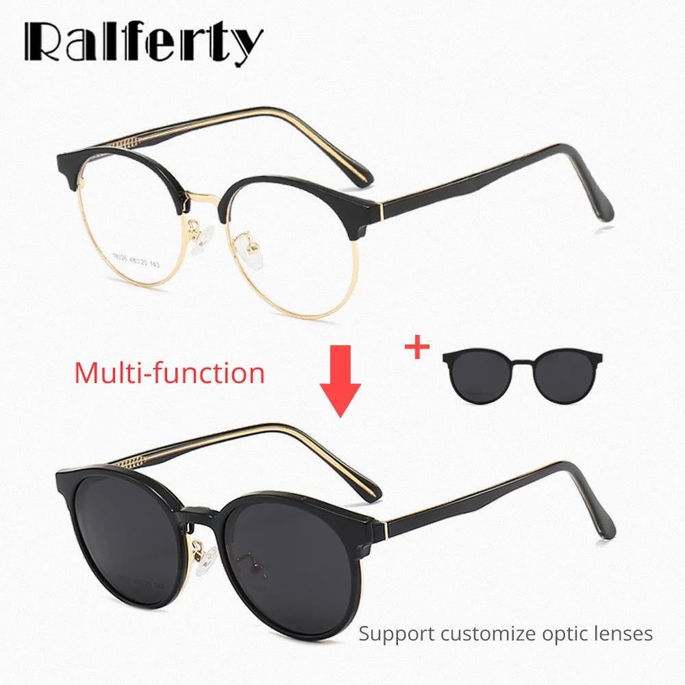 Ralferty Women's Full Rim Round Acetate Eyeglasses Clip On Polarized Sunglasses R026 With Clip Ons Ralferty   