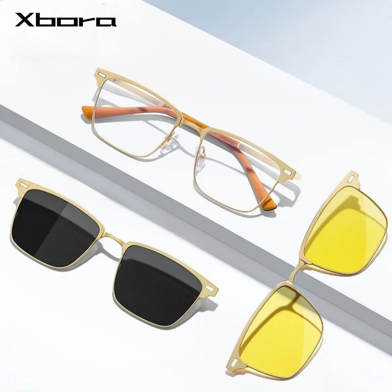 Xbora Women's Full Rim Square Titanium Eyeglasses Clip On Sunglasses 70447