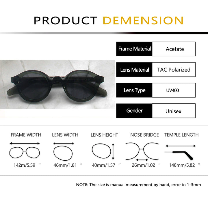 Esnbie Unisex Full Rim Round Thick Acetate Tac Sunglasses 240821