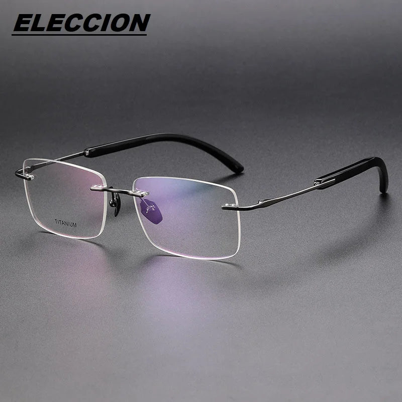 Eleccion Men's Rimless Square Titanium Ox Horn Temple Eyeglasses 92129