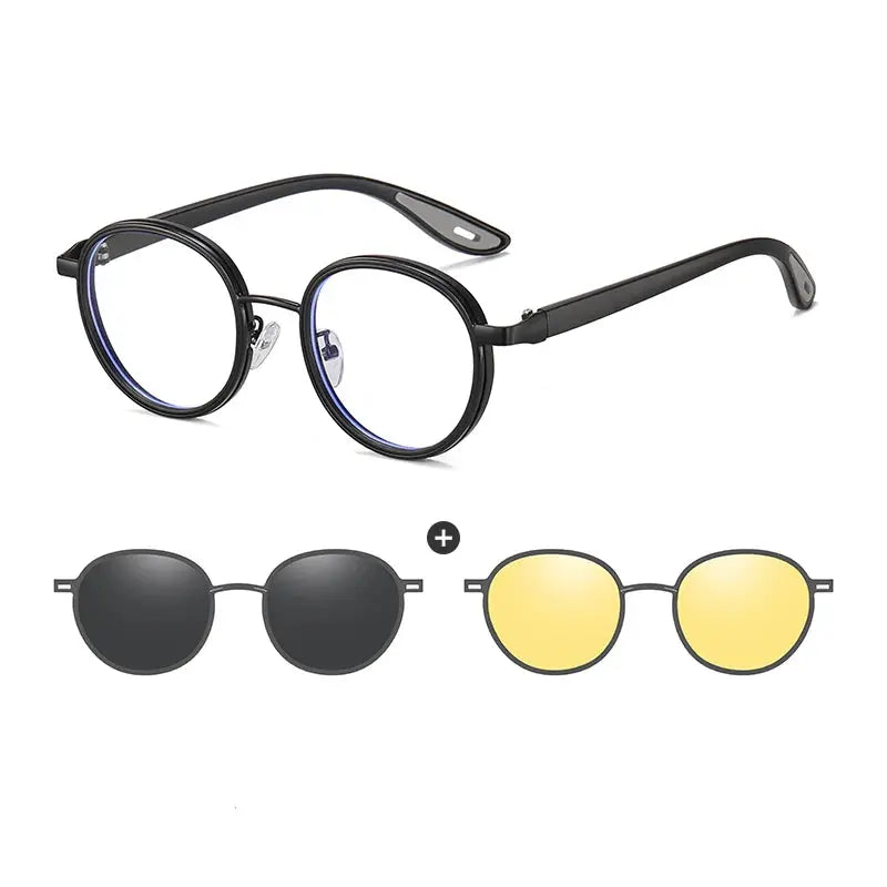 Gmei 773001 Unisex Full Rim Round Alloy Frames With Clip On Sunglasses FuzWeb