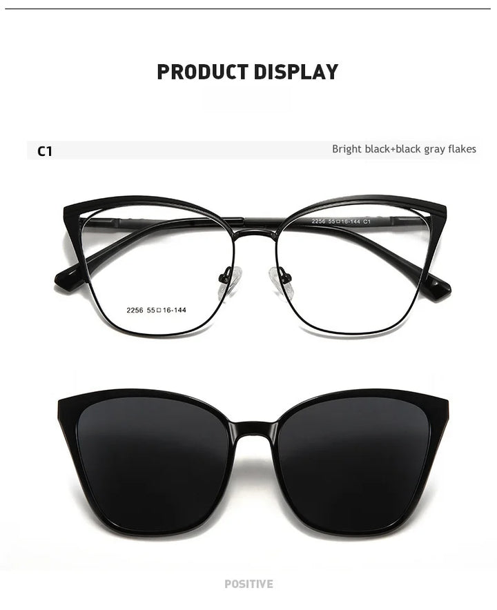 KatKani Womens Full Rim Cat Eye Aloy Eyeglasses With Clip On Sunglasses 2256 Clip On Sunglasses KatKani Eyeglasses Bright black  
