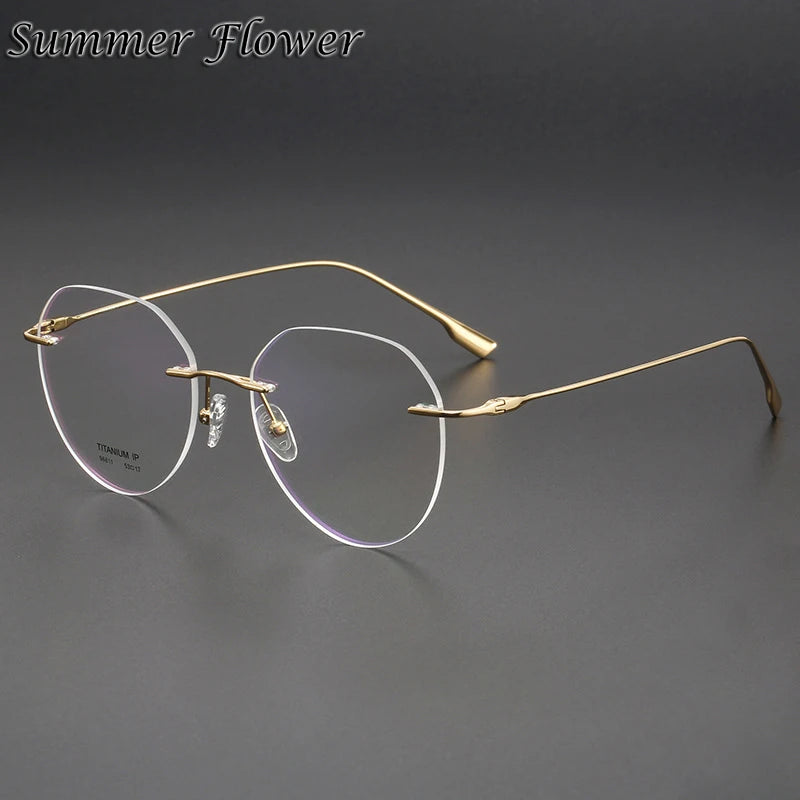 Summer Flower Women's Rimless Flat Top Round Titanium Eyeglasses 96611 Rimless Summer Flower Gold