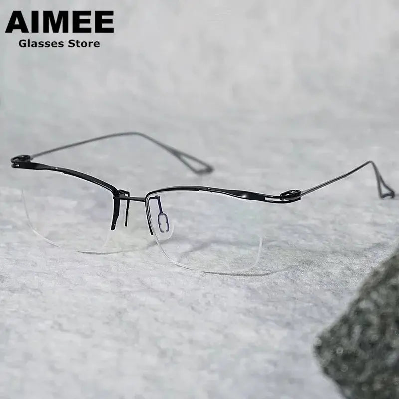 Aimee Unisex Semi Rim Square Brow Line Titanium Eyeglasses 147175 FuzWeb