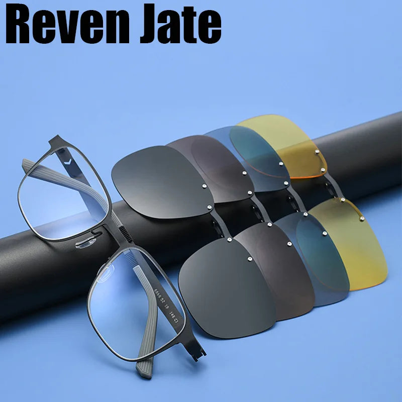 Reven Jate Unisex Full Rim Square Titanium Eyeglasses Clip On Sunglasses 668868