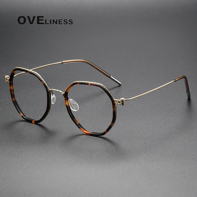 Oveliness Unisex Full Rim Flat Top Round Acetate Titanium Eyeglasses 80889 Full Rim Oveliness tortoise gold  