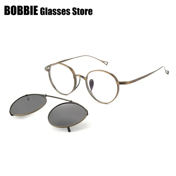 Bobbie Unisex Full Rim Round Titanium Eyeglasses Clip On Sunglasses 113000 FuzWeb