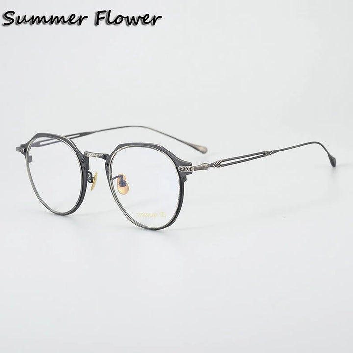 Summer Flower Unisex Full Rim Flat Top Round Titanium Acetate Eyeglasses 84061 Full Rim Summer Flower Black Gray