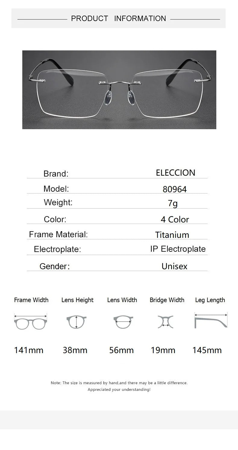 Eleccion Unisex Rimless Square Titanium Eyeglasses 80964