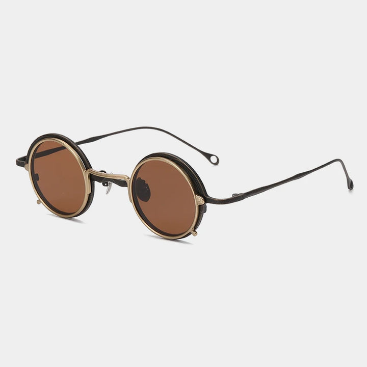 Gatenac Unisex Full Rim Round Titanium Eyeglasses Clip On Polarized Sunglasses 1484 With Clip Ons Gatenac Bronze Brown Clip  