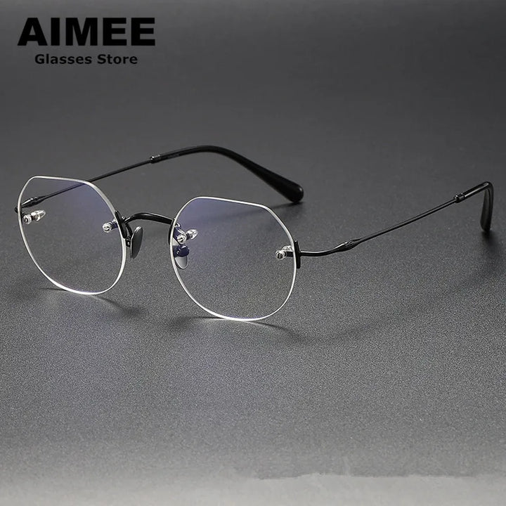 Aimee Unisex Rimless Flat Top Round Titanium Eyeglasses 26008 Rimless Aimee Black  