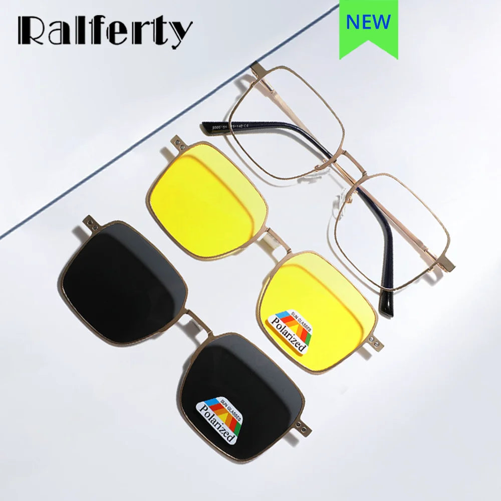 Ralferty Unisex Full Rim Square Alloy Eyeglasses Clip On Polarized Sunglasses R805 With Clip Ons Ralferty   