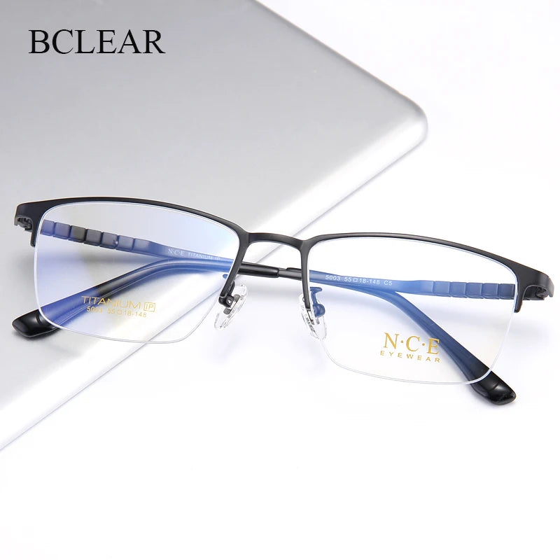 Bclear Men's Semi Rim Square Titanium Eyeglasses 50039