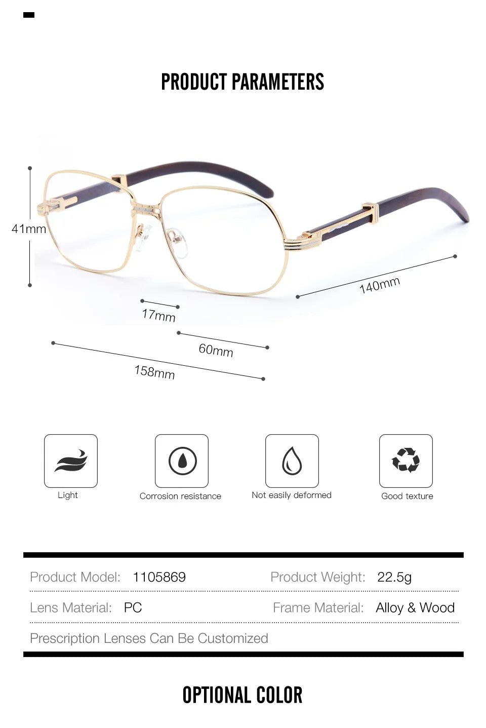 Muzz Men's Full Rim Square Alloy Double Bridge Frame Wood Temple Eyeglasses 1105868 Full Rim Muzz   