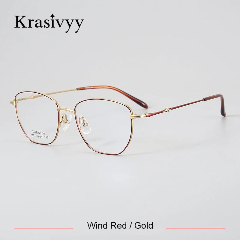 Krasivyy Women's Full Rim Square Cat Eye Titanium Eyeglasses 443007 Full Rim Krasivyy Wine Red Gold  