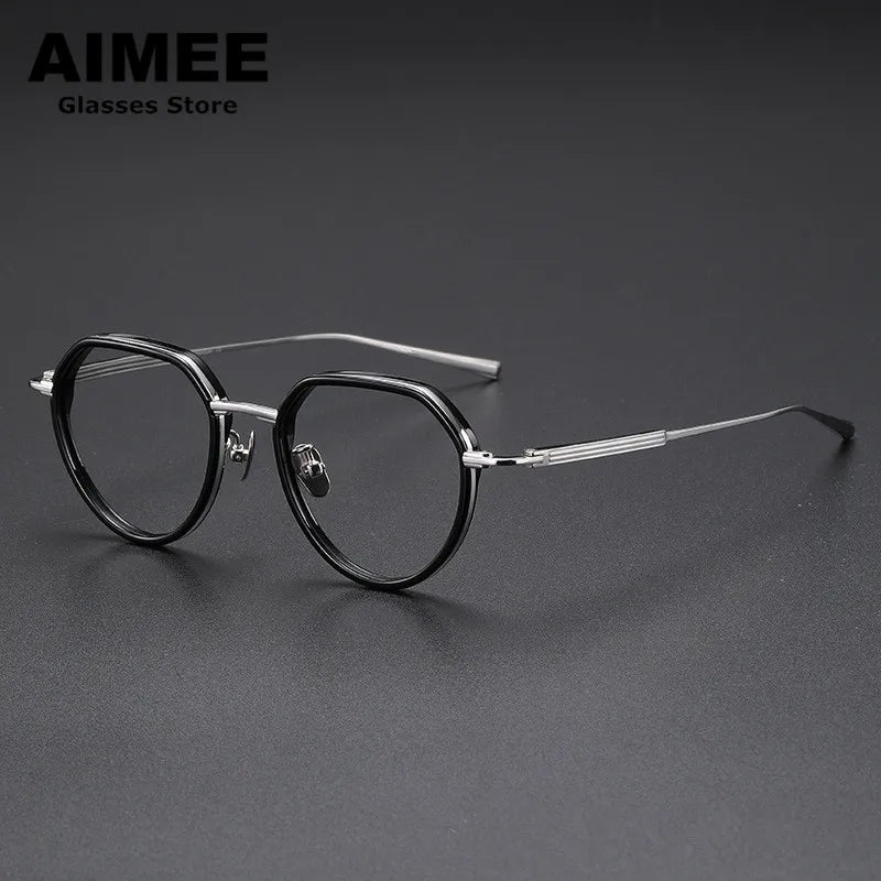 Aimee Unisex Full Rim Flat Top Round Titanium Acetate Eyeglasses 6701 Full Rim Aimee Black-Silver  