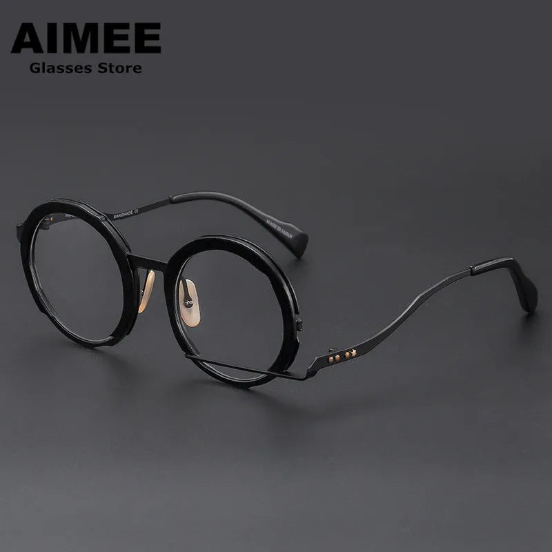 Aimee Unisex Full Rim Irregular Round Acetate Titanium Eyeglasses 1334 Full Rim Aimee Black  