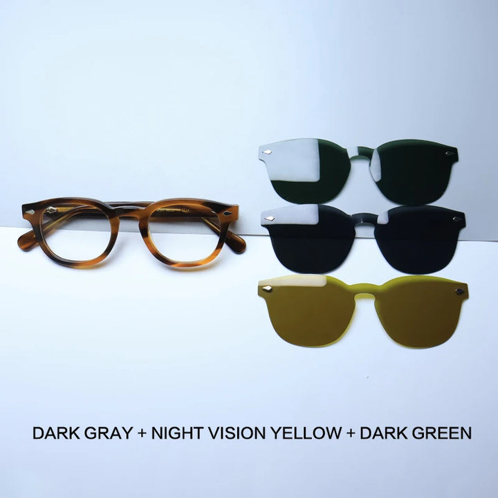 Gatenac Unisex Full Rim Round Acetate Eyeglasses Polarized Clip On Sunglasses 1145  FuzWeb  Turtle 3 Clips  