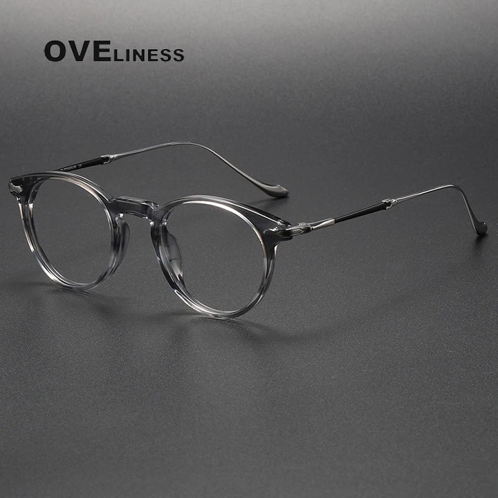 Oveliness Unisex Full Rim Round Acetate Titanium Eyeglasses 2056 Full Rim Oveliness stripe grey C2  