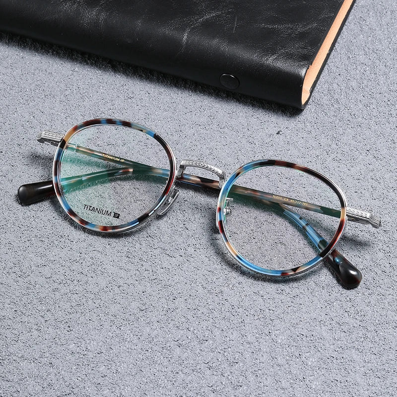 Black Mask Unisex Full Rim Round Titanium Acetate Eyeglasses Bn050 Full Rim Black Mask Blue-Tortoise  