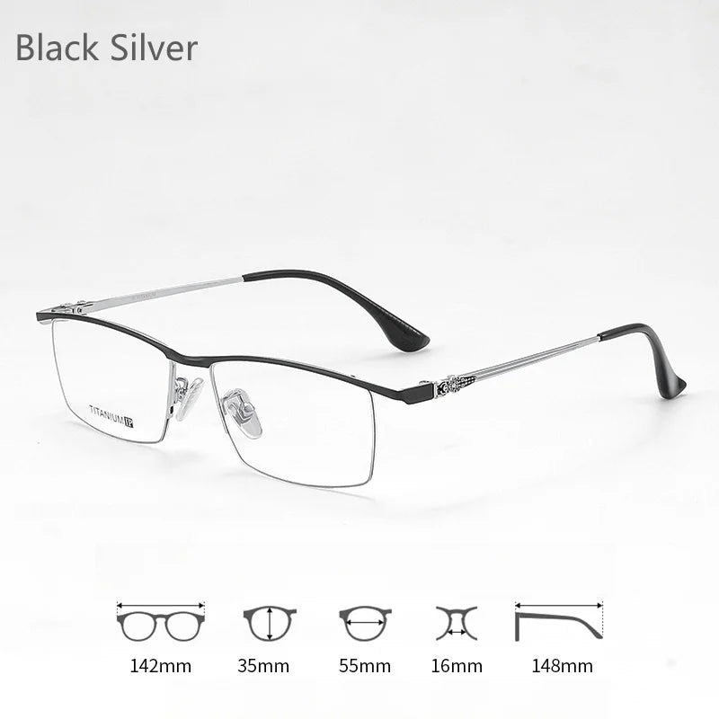 KatKani Mens Semi Rim Square Titanium Eyeglasses 88039 Semi Rim KatKani Eyeglasses Black Silver  