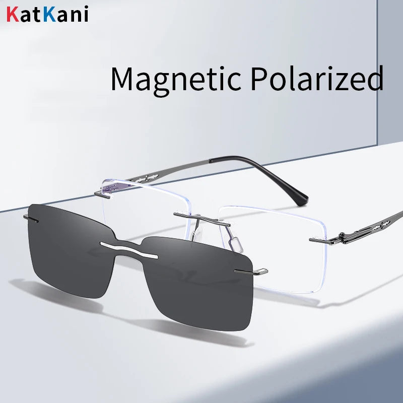 KatKani Unisex Rimless Square  Alloy Eyeglasses Clip On Polarized Sunglasses 5537 With Clip Ons KatKani Eyeglasses GRAY  