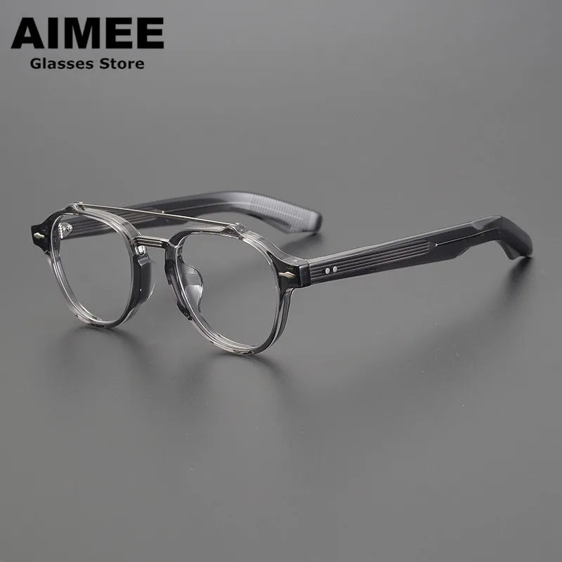 Aimee Unisex Full Rim Round Double Bridge Acetate Titanium Eyeglasses 6818 Full Rim Aimee Grey  