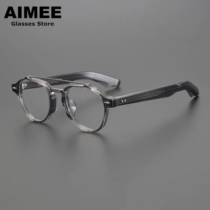 Aimee Unisex Full Rim Round Double Bridge Acetate Titanium Eyeglasses 6818 Full Rim Aimee Grey  