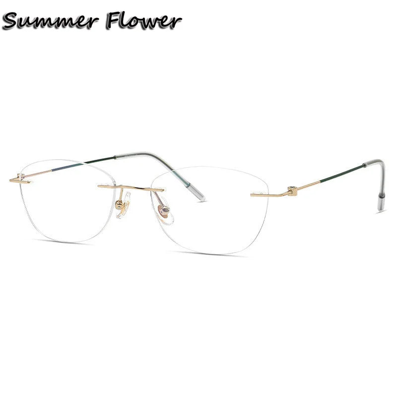 Summer Flower Women's Rimless Oval Titanium Eyeglasses 86071 Rimless Summer Flower Gold Green