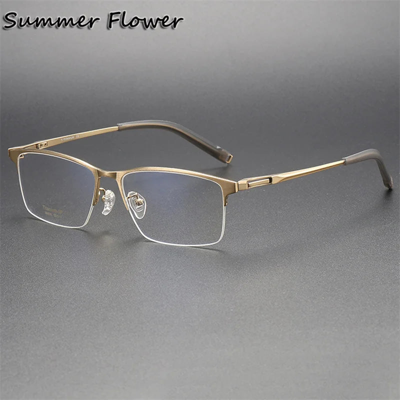 Summer Flower Men's Semi Rim Square Brow Line Titanium Eyeglasses 80879 Semi Rim Summer Flower Gold