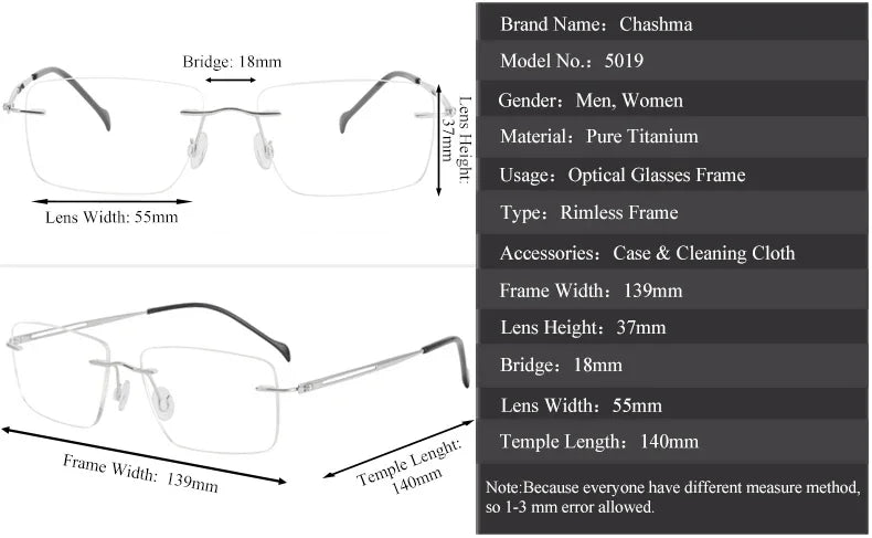 Chashma Unisex Rimless Square Titanium Customizable Lens Eyeglasses 54019