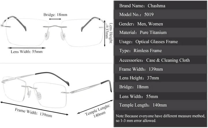 Chashma Unisex Rimless Square Titanium Customizable Lens Eyeglasses 54019