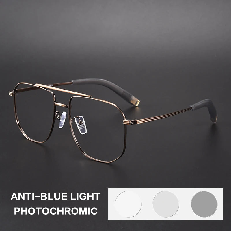 Gatenac Unisex Full Rim Square Double Bridge Titanium Photochromic Reading Glasses 760942