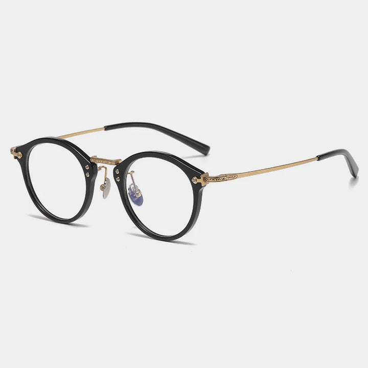 Black Mask Unisex Full Rim Big Round Acetate Titanium Eyeglasses A6805 Full Rim Black Mask Black-Gold  